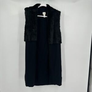 Chicos Women Faux Fur Knit Duster Vest Sz 0 US S Black Minimalist Luxe Old Money